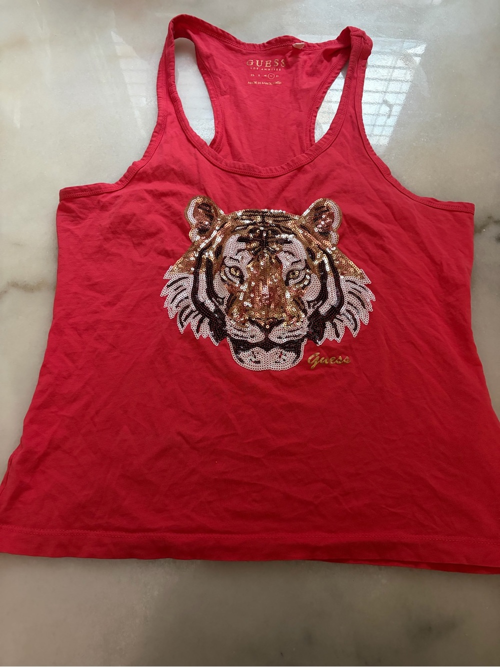 GUESS Red Tank Top with Sequin Tiger Applique
